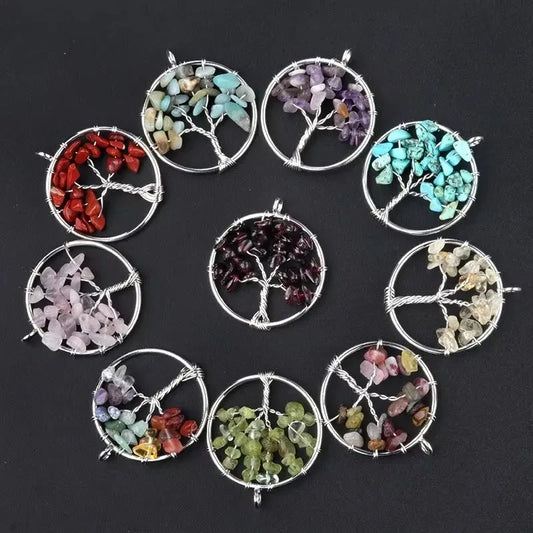 2pcs/Set 30mm Natural Stone Crystal Chip Tree of Life Pendant Seven Chakra Charms for Jewelry Making Necklace Earrings Accessory